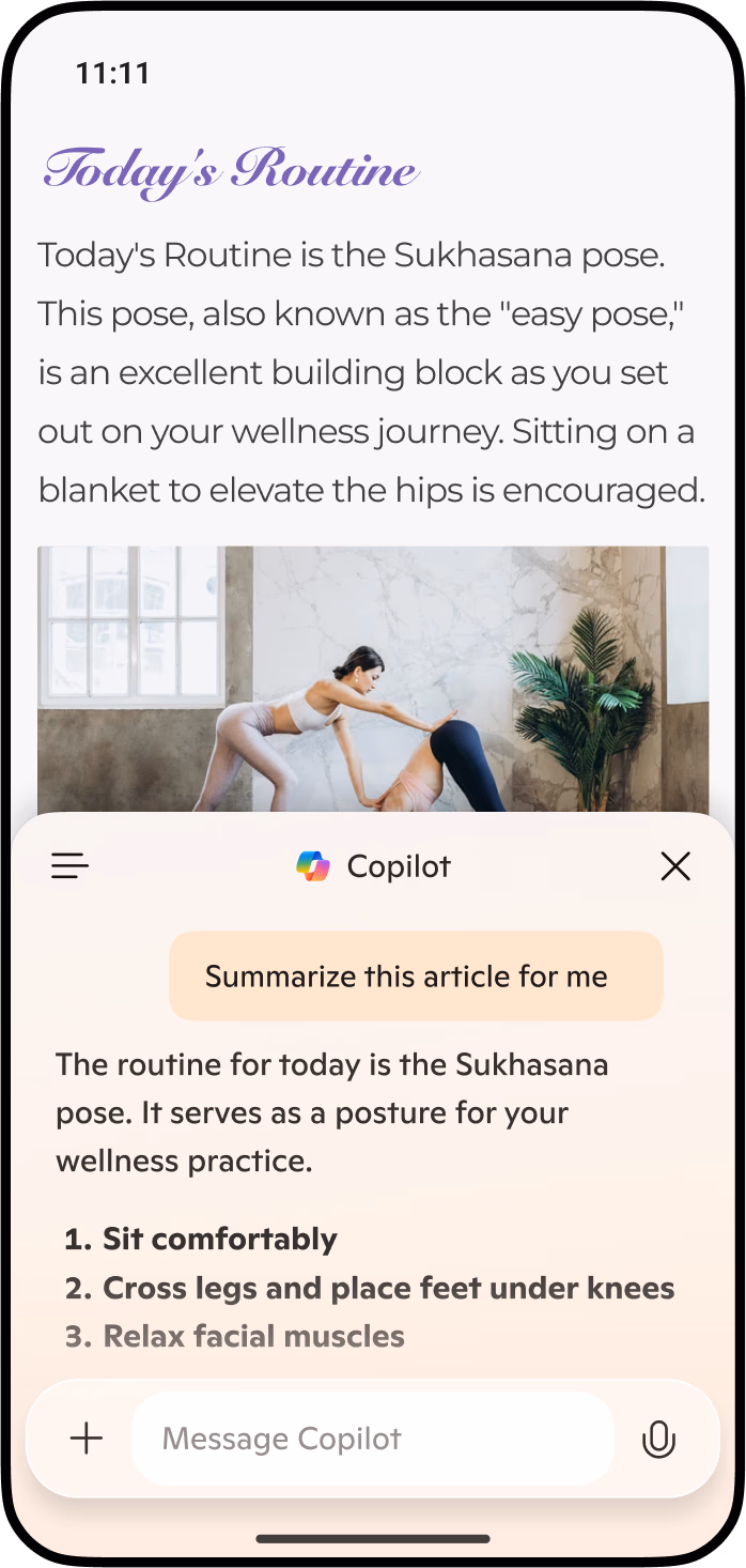 <p>Mockup of a smartphone screen displaying the Copilot feature in Microsoft Edge, summarizing a webpage with key points in a chat-style interface.</p>